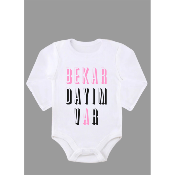 Organik %100 Pamuk Bekar Dayım Var Siyah Baskılı Bebek Body Badi Uzun Kollu