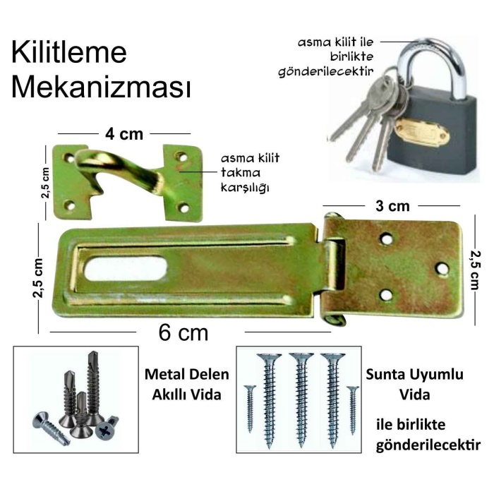 Kilitleme Mekanizması Sandık Askısı No:30+Asma Kilit+Montaj Vidaları-Montajı Kolay