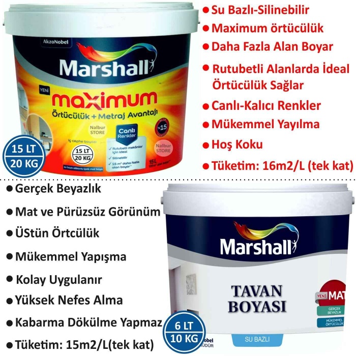 MARSHALL MAXIMUM İç Duvar Boyası 20KG-Tavan Boyası 10KG-Rutubetli Alanlar için İdeal-Rulo HEDİYE