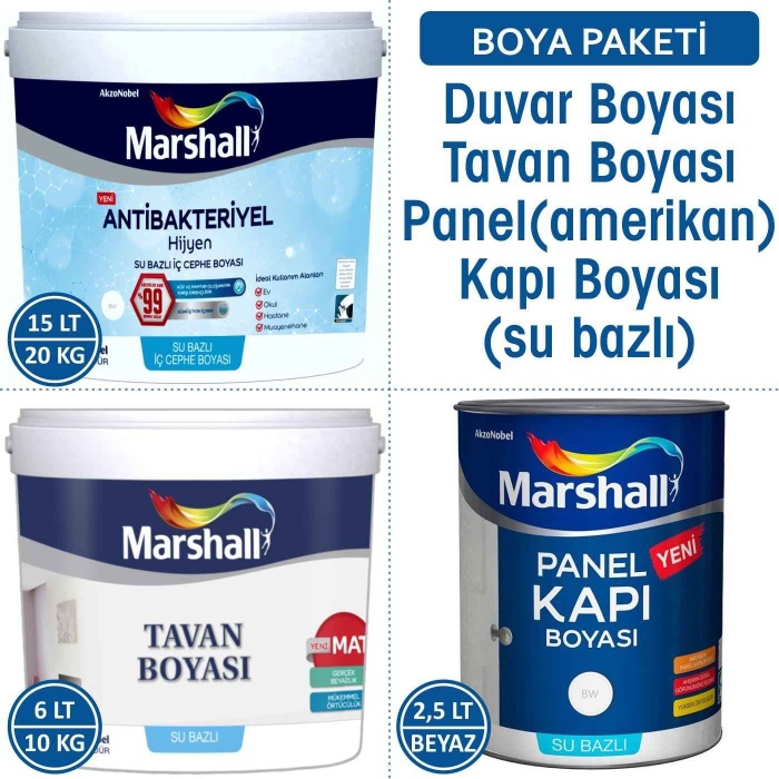 MARSHALL ANTİBAKTERİYEL HİJYEN İç Cephe Boyası 20KG+Tavan Boyası 10KG+Panel Kapı Boyası 3.5KG