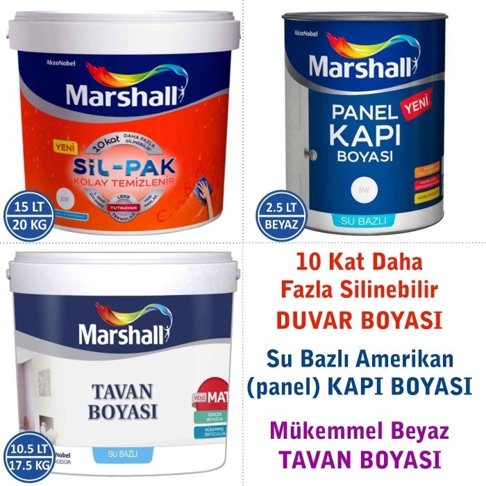 MARSHALL SİL-PAK 15LT=20KG-10 Kat Fazla Silinebilir+Tavan Boya 10.5LT=17.5KG+Panel Kapı Boyası 2.5LT