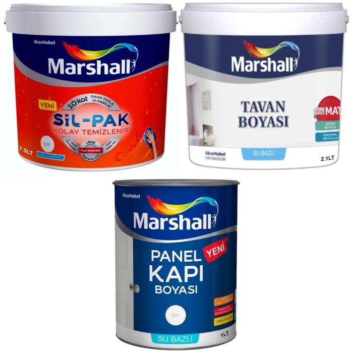 MARSHALL SİL-PAK 7.5LT=10KG-10 Kat Fazla Silinebilir+Tavan Boya 6LT=10KG+Panel Kapı Boyası 1LT