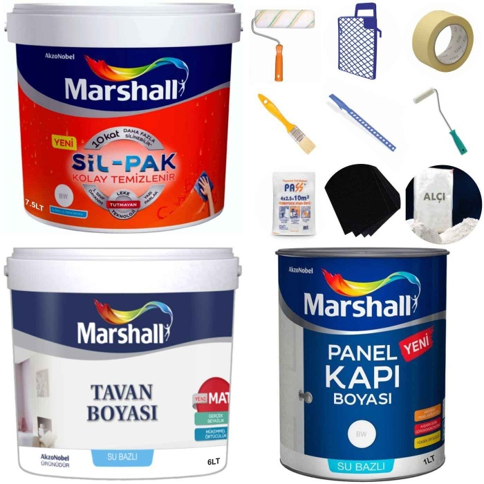 MARSHALL SİL-PAK 7.5LT=10KG-10 Kat Fazla Silinir+Tavan Boya 6LT=10KG+Panel Kapı Boyası 1LT+Set