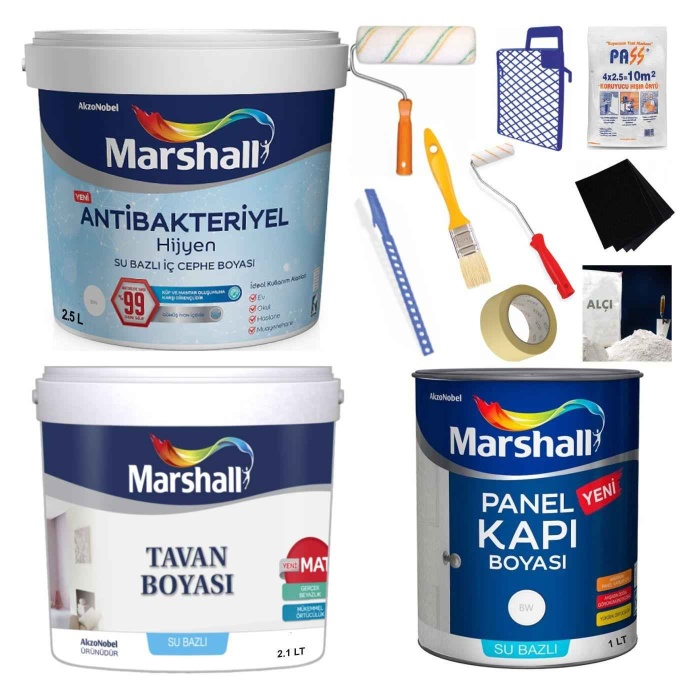 MARSHALL ANTİBAKTERİYEL HİJYEN İç Cephe Boyası 2.5LT+Tavan Boyası 3.5KG+Panel Kapı Boyası 0.75LT+Set