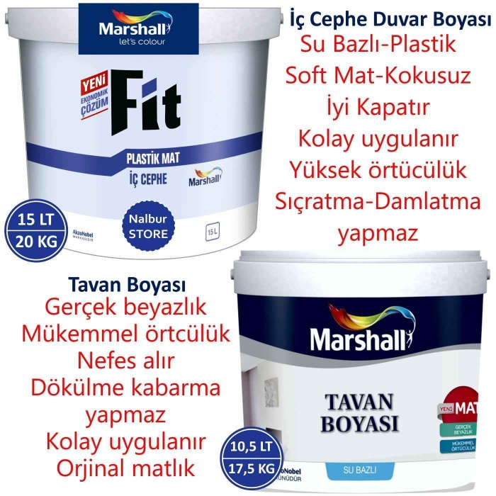 MARSHALL Fit Plastik Su Bazlı İç Cephe Duvar Boyası 15LT=20KG+MARSHALL Tavan Boyası 10.5LT=17.5KG