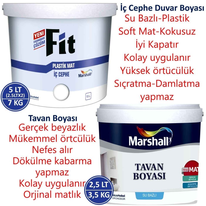 MARSHALL Fit Plastik Su Bazlı İç Cephe Duvar Boyası 5LT=7KG+MARSHALL Tavan Boyası 2.1LT=3.5KG