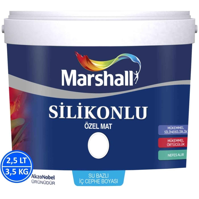 Marshall Özel Mat Duvar Boyası 2.5LT=3.5KG-Silikonlu-Tam Silinebilir-Parlak-Hızlı Kurur-Uzun Ömürlü