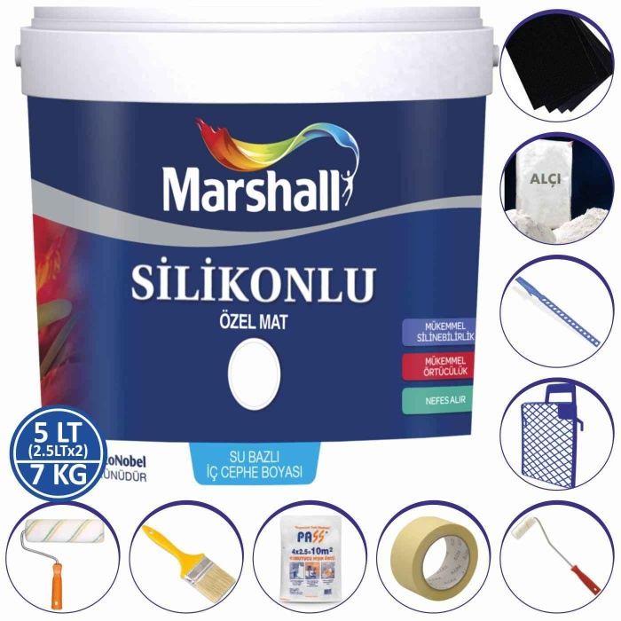 Marshall Özel Mat Duvar Boyası 5LT=7KG-Silikonlu-Tam Silinebilir-Parlak-Hızlı Kurur+9 Parça Set