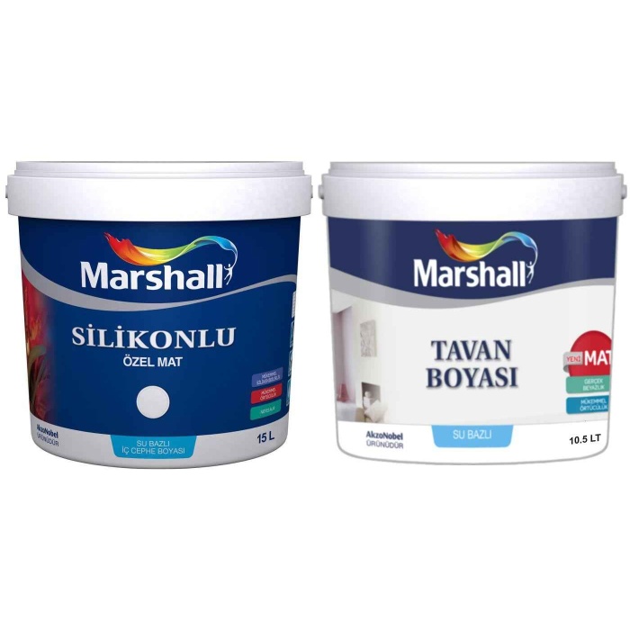 Marshall Özel Mat Duvar Boyası 15LT=20KG+Silikonlu-Tam Silinebilir-Parlak-Tavan Boyası 10.5LT=17.5KG