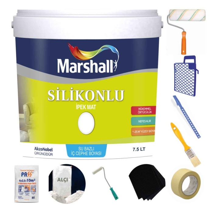 Marshall İpek Mat Duvar Boyası 7.5LT=10KG-Saten duvarlara uygundur-Silikonlu-Silinebilir+9 Parça Set