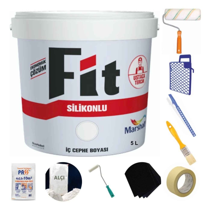 MARSHALL Fit Silikonlu İç Cephe Duvar Boyası 5LT=7KG-Kokusuz-Kolay Uygulanr-9 Parça Boyacı Seti