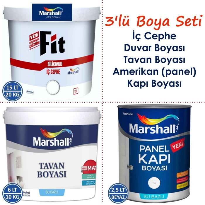 MARSHALL Fit Silikonlu İç Cephe Boyası 15LT=20KG+Tavan Boyası 6LT=10KG+Panel Kapı Boyası 2.5LT