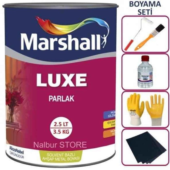 MARSHALL LUXE PARLAK YAĞLI SENTETİK BOYA-2,5LT=3,5Kg-Ahşap Metal Plastik İçin+5 Parça Boyacı Seti