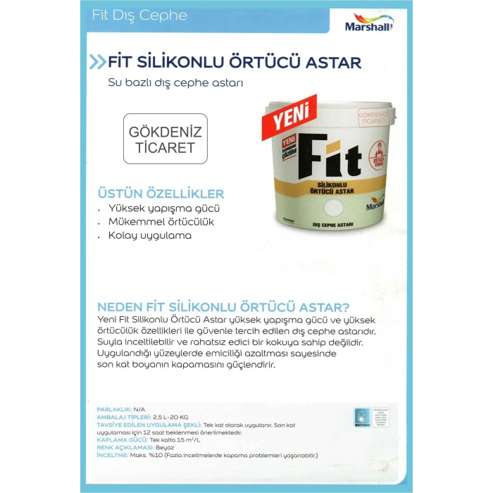 MARSHALL FİT SİLİKONLU ÖRTÜCÜ DIŞ CEPHE ASTARI 12.5LT=20KG-Boya Sarfiyatını Azaltır-Kolay Uygulanır