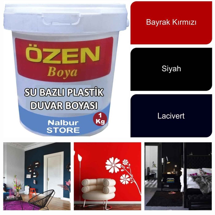 Su Bazlı Plastik İç Cephe Duvar Boyası 1KG-Siyah-Bayrak Kırmızı-Lacivert-Kolay Uygulanır-Dekoratif