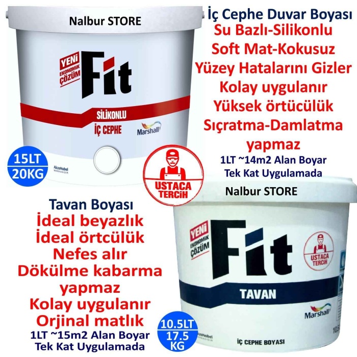 MARSHALL Fit Silikonlu İç Cephe Boyası 15LT=20KG+Fit Tavan Boyası 10.5LT=17.5KG ~3+1 Daireler İçin