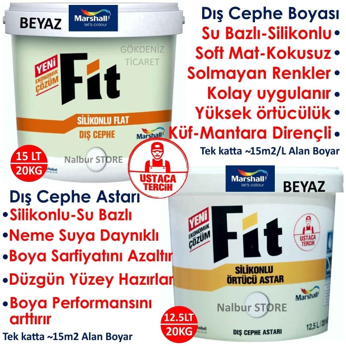 MARSHALL Fit Silikonlu Dış Cephe Boyası 15LT=20KG BEYAZ-Fit Silikonlu Dış Cephe Astarı 12.5KG=20KG