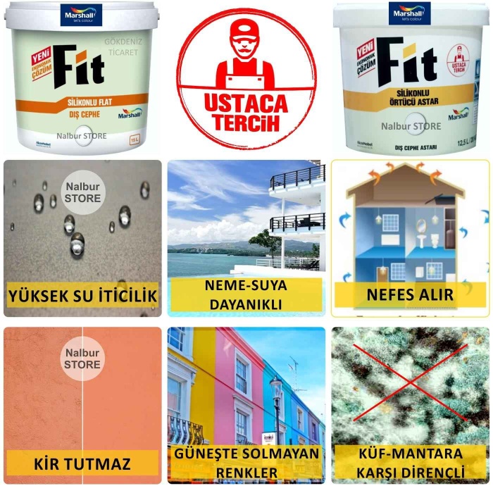 MARSHALL Fit Silikonlu Dış Cephe Boyası 15LT=20KG BEYAZ-Fit Silikonlu Dış Cephe Astarı 12.5KG=20KG