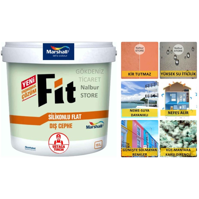 MARSHALL Fit Silikonlu Flat Dış Cephe Boyası 2.5LT=3.5KG BEYAZ-Kir tutmaz-Solmayan renkler-Kokusuz