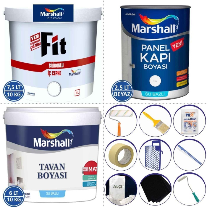 MARSHALL Fit Silikonlu İç Cephe Boyası 10KG+Tavan Boyası 10KG+Panel Kapı Boyası 2.5LT+9 Parça Set