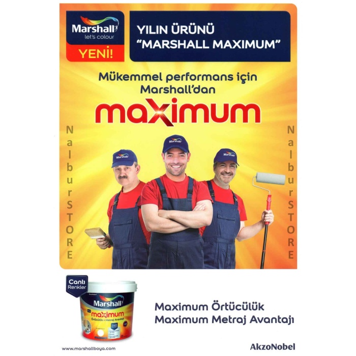 MARSHALL MAXIMUM Silikonlu Su Bazlı Silinebilir İç Cephe Boyası 20KG+Tavan Boyası 17.5KG+9 Parça Set