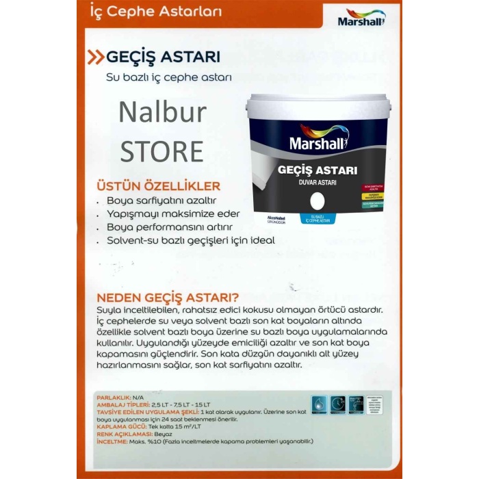 MARSHALL Geçiş Astarı 2.5LT-Yağlı boyadan su bazlı boyaya geçiş sağlar-Çıkmayan lekeleri kapatır
