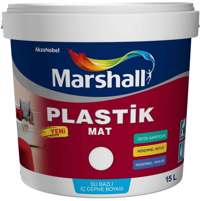 MARSHALL PLASTİK MAT Su Bazlı İç Duvar Boyası 15LT=25KG-Silinebilir-Mükemmel matlık ve örtücülük