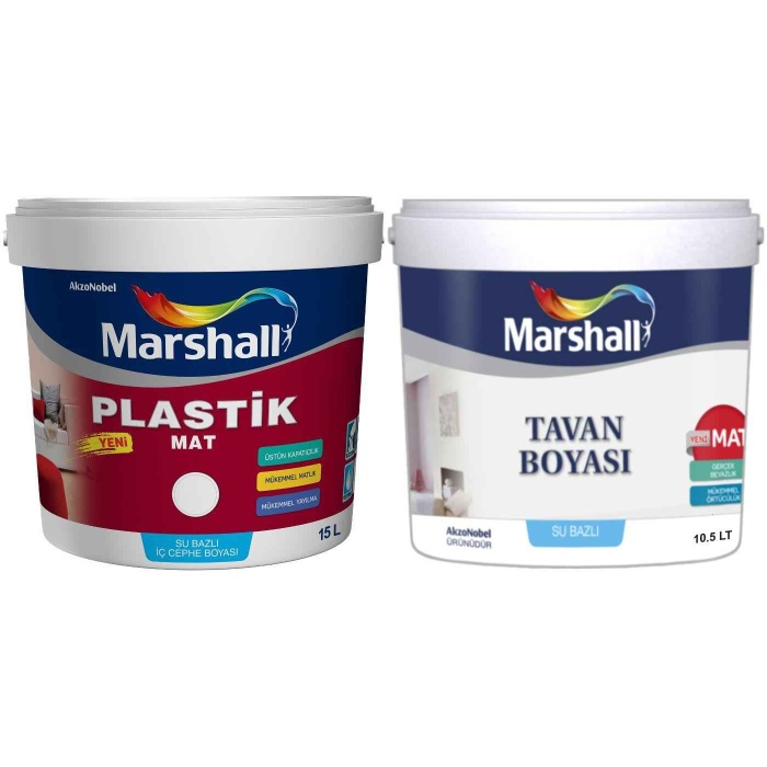 MARSHALL PLASTİK MAT Su Bazlı Silinebilir İç Cephe Duvar Boyası 15LT=25KG+Tavan Boyası 10.5LT=17.5KG