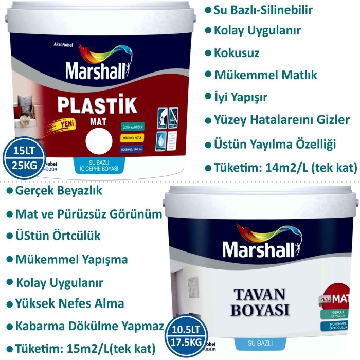MARSHALL PLASTİK MAT Su Bazlı Silinebilir İç Cephe Duvar Boyası 15LT=25KG+Tavan Boyası 10.5LT=17.5KG