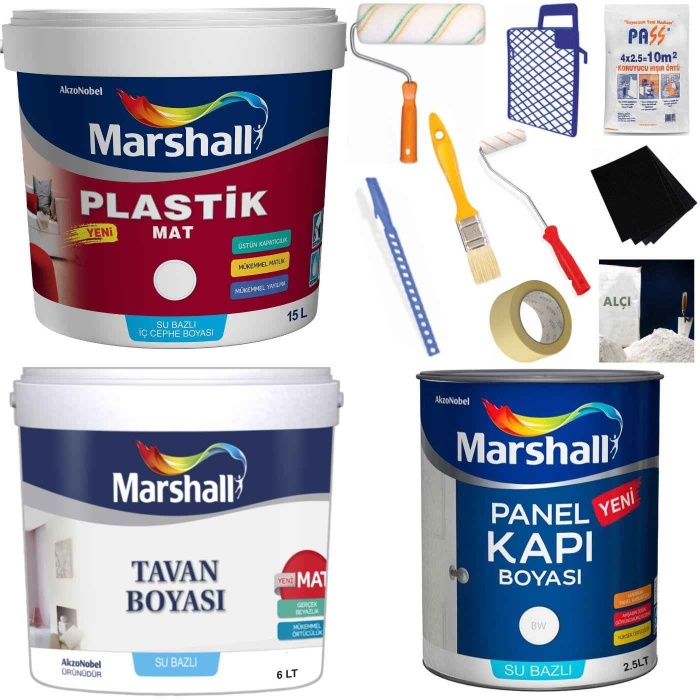 MARSHALL PLASTİK MAT Silinebilir İç Duvar Boyası 15LT+TavanBoyası 6LT+Panel Kapı Boyası 2.5LT+Set