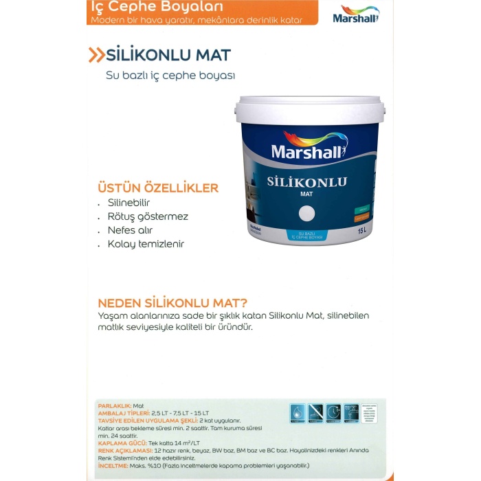 MARSHALL SİLİKONLU MAT Su Bazlı İç Duvar Boyası 15LT/23KG-Silinebilir-Mükemmel matlık ve örtücülük