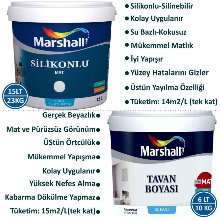 MARSHALL SİLİKONLU MAT Su Bazlı Silinebilir İç Cephe Boyası 15LT=23KG+Tavan Boyası 6LT=10KG