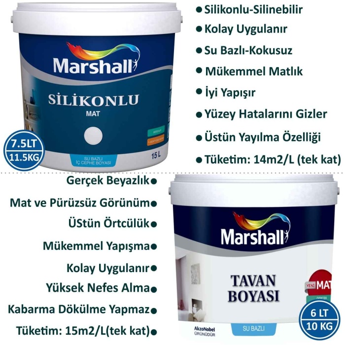 MARSHALL SİLİKONLU MAT Su Bazlı Silinebilir İç Cephe Boyası 7.5LT/11.5KG+Tavan Boyası 6LT/10KG