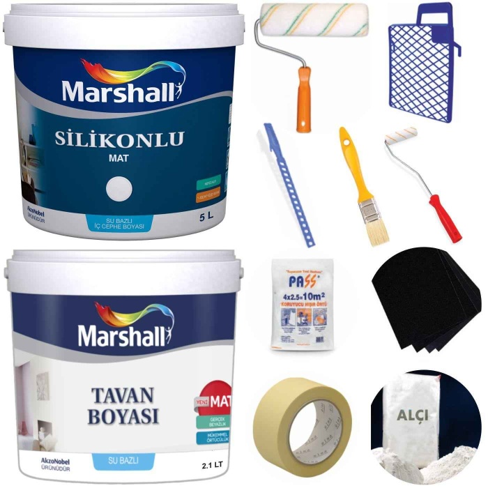 MARSHALL SİLİKONLU MAT Silinebilir İç Cephe Boyası 5LT/7.5KG+Tavan Boyası 2.1LT/3.5KG+Boyama Seti