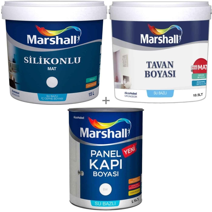 MARSHALL SİLİKONLU MAT Silinebilir İç Cephe Boyası 23KG+Tavan Boyası 17.5KG+Panel Kapı Boyası 2.5LT