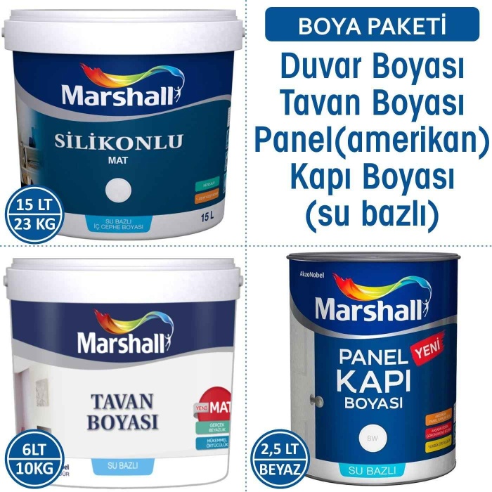 MARSHALL SİLİKONLU MAT Silinebilir İç Cephe Boyası 23KG+Tavan Boyası 10KG+Panel Kapı Boyası 2.5LT