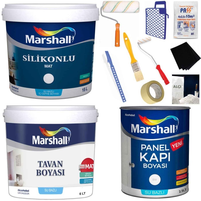 MARSHALL SİLİKONLU MAT Silinebilir İç Cephe Boyası 23KG+Tavan Boya 10KG+Panel Kapı Boya 2.5LT+Set