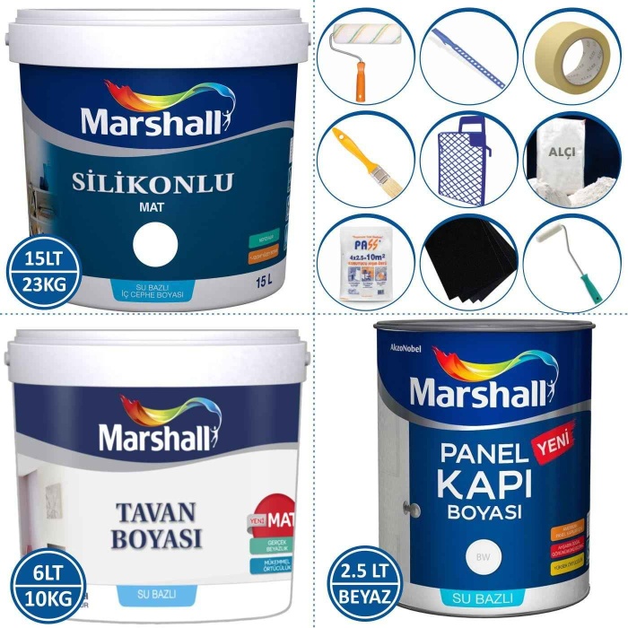 MARSHALL SİLİKONLU MAT Silinebilir İç Cephe Boyası 23KG+Tavan Boya 10KG+Panel Kapı Boya 2.5LT+Set