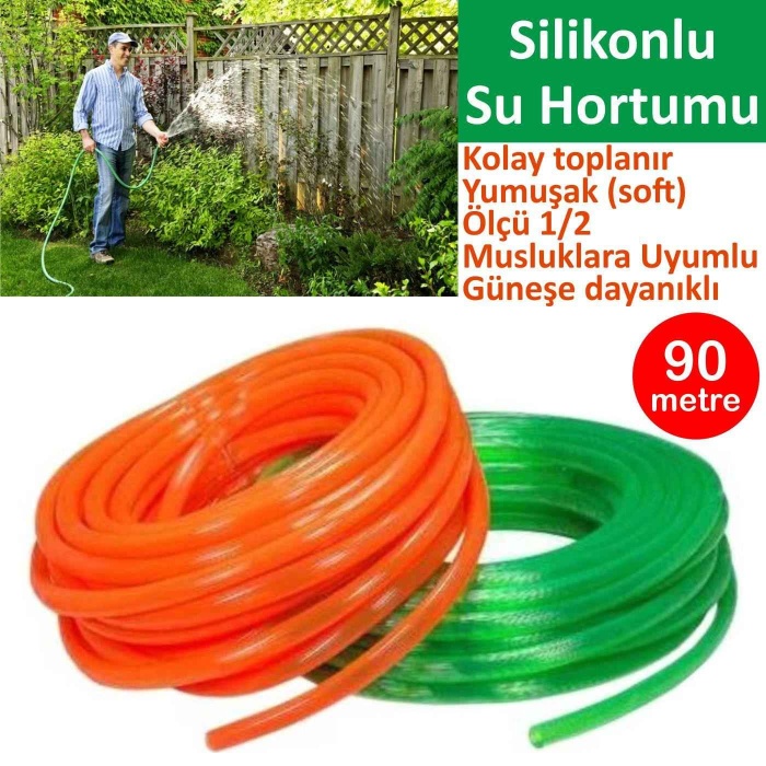Silikonlu Bahçe Hortumu-90 Metre-Kırılmaz-Kolay Katlanır-Dayanıklı-Tüm Musluklara Uyumlu-Yumuşak