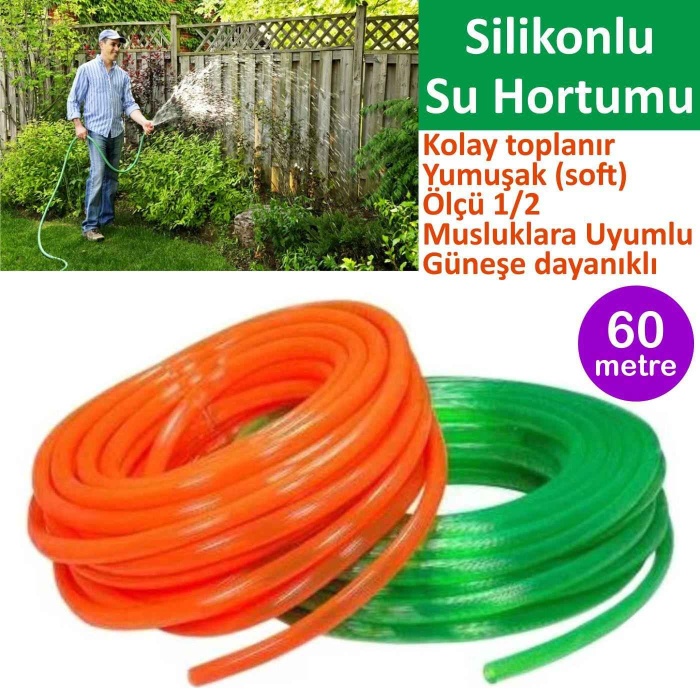Silikonlu Bahçe Hortumu-60 Metre-Kırılmaz-Kolay Katlanır-Dayanıklı-Tüm Musluklara Uyumlu-Yumuşak