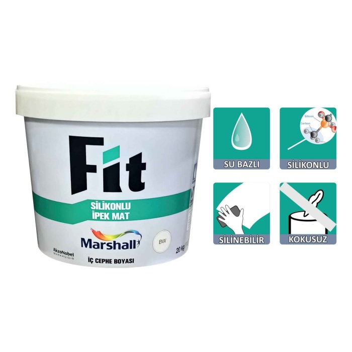 MARSHALL Fit Silikonlu İpek Mat 20KG+Tavan Boyası 10KG+Rulo-Su Bazlı-Silinebilir-Kokusuz-Nefes Alır