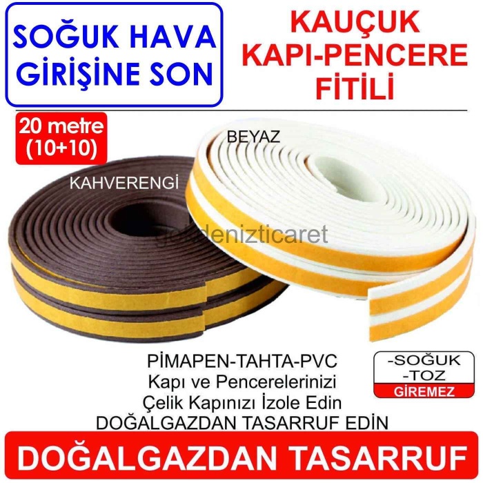 KAUÇUK Kapı Pencere Fitili Beyaz 20m-Soğuk Hava Giren Yerleri İzole Edin DOĞALGAZ DAN TASARRUF EDİN