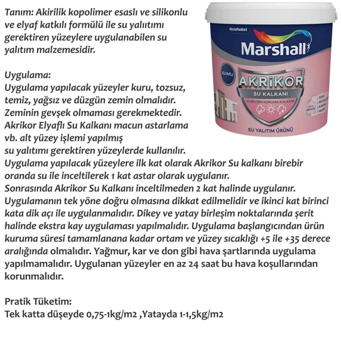 Marshall Akrikor Su Kalkanı Elyaflı Su Kesici Beyaz 20 Kg-Kolay uygulanan su yalıtım malzemesi