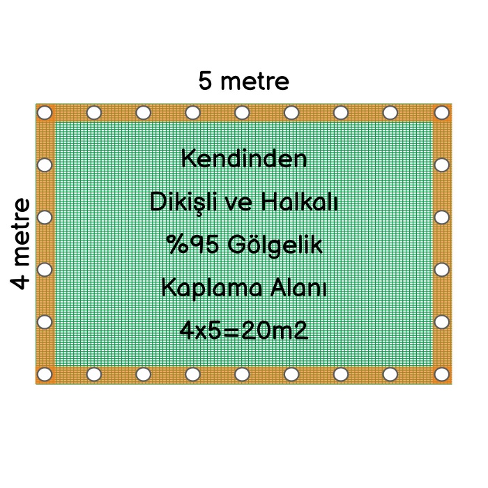 Hazır Halkalı Gölgelik %95 4mx5m=20m2-Montajı İçin 10 metre 3mm halat hediye-Montajı Kolay