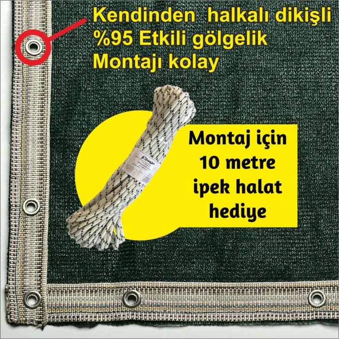 Hazır Halkalı Gölgelik %95 4mx6m=24m2-Montajı İçin 10 metre 3mm halat hediye-Montajı Kolay
