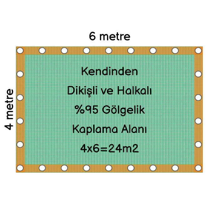 Hazır Halkalı Gölgelik %95 4mx6m=24m2-Montajı İçin 10 metre 3mm halat hediye-Montajı Kolay