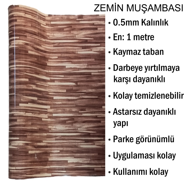 Yer Zemin Kaplaması Muşamba 0.6mm Koyu Parke Desen-Darbeye yırtılmaya dayanıklı-Kaymaz taban