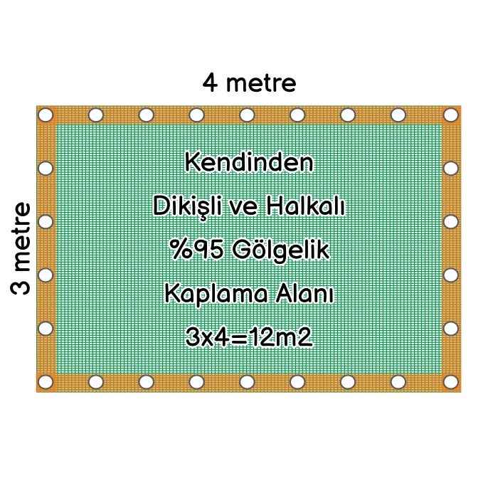 Hazır Halkalı Gölgelik %95 3mx4m=12m2-Montajı İçin 10 metre 3mm halat hediye-Montajı Kolay