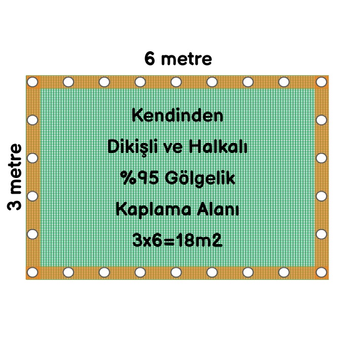 Hazır Halkalı Gölgelik %95 3mx6m=18m2-Montajı İçin 10 metre 3mm halat hediye-Montajı Kolay