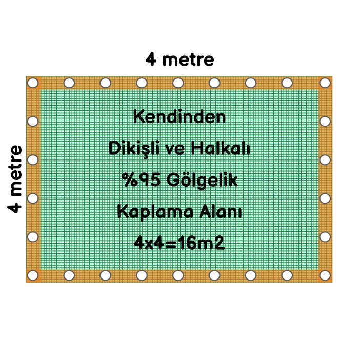 Hazır Halkalı Gölgelik %95 4mx4m=16m2-Montajı İçin 10 metre 3mm halat hediye-Montajı Kolay